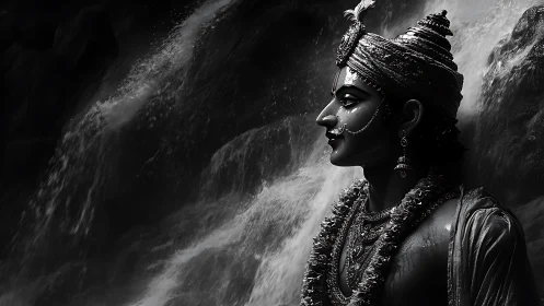 Profile statue of adorned figure before dark waterfall.