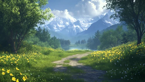 Mountain meadow pathway under soft spring daylight.