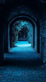 Blue brick tunnel with repeating arches at night time