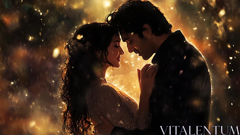 Golden Light Envelops Two Silhouettes in Intimate Embrace.