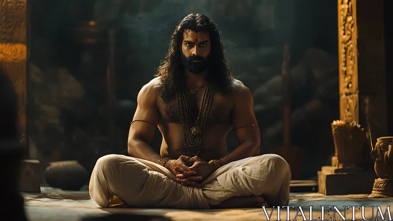 Fierce temple yogi in molten gold light of silent vows.