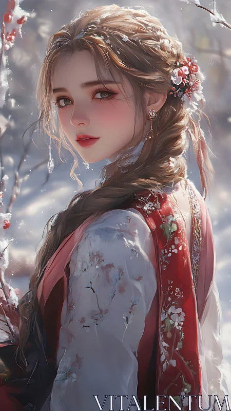 Snowlit woman in floral hanbok turns toward soft winter light
