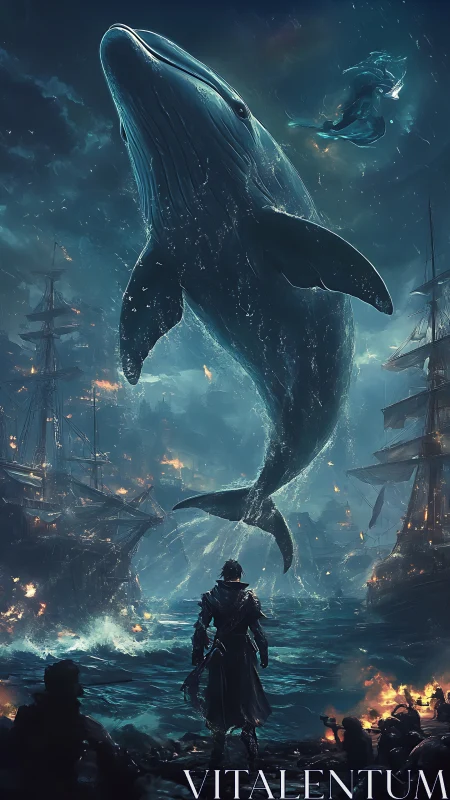 Colossal bioluminescent whale breaches above burning warships at night