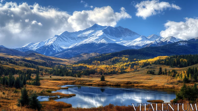 Snowcapped mountain range over golden autumn valley lake.