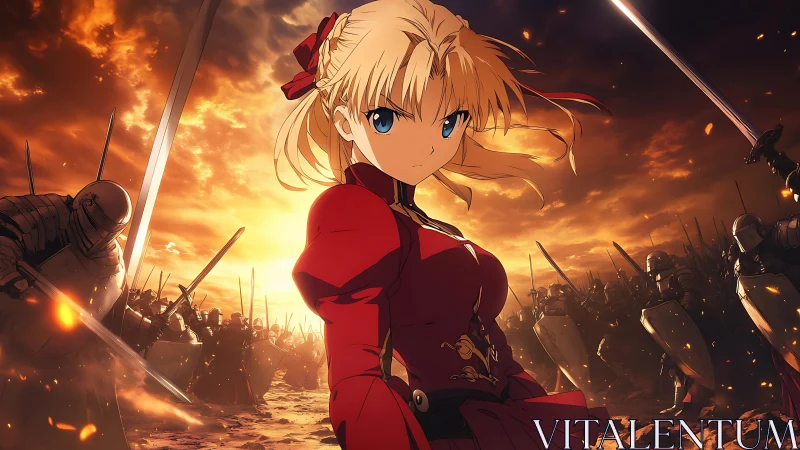 Anime knight heroine leading blazing sunset battlefield charge.