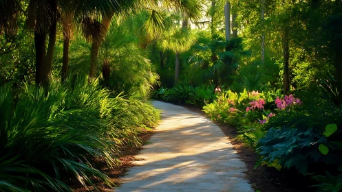 Sunlit garden pathway bordered by dense green foliage.