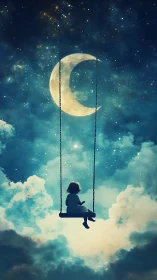Child on cloud swing under crescent moon in starry sky.