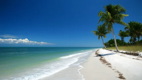 Pristine tropical shoreline with coconut palms and turquoise waters.