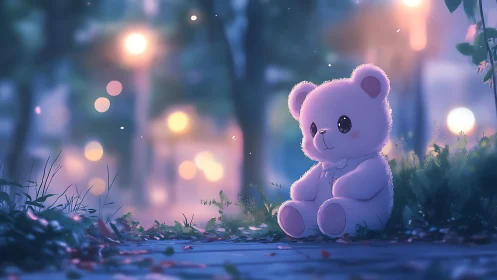 Soft twilight teddy waits patiently under glowing streetlights