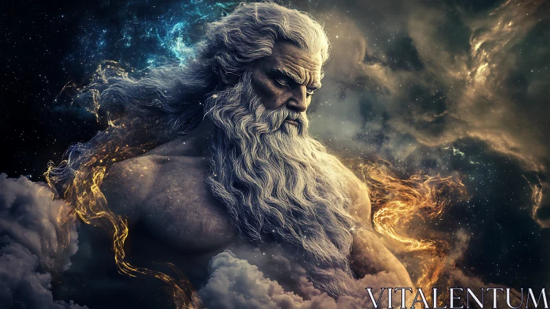 Stormbearded sky deity forging galaxies from swirling fire.