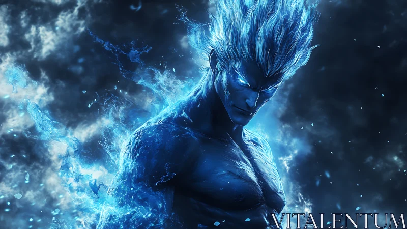 Bioluminescent blue elemental warrior rendered in dynamic detail