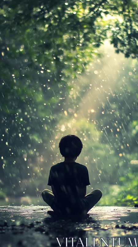 Photorealistic child silhouette in meditative forest rain scene.