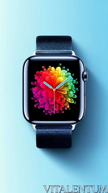 Smartwatch displays vivid radial flower graphic on blue ground