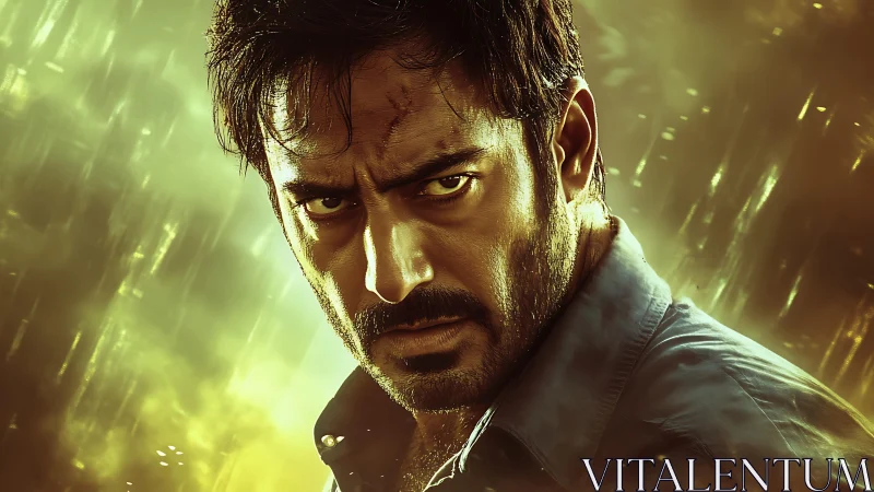 Smoldering vigilante glare carved in stormlit golden haze.