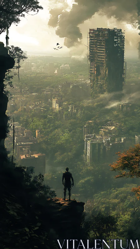 Lone survivor studies overgrown ruined city from cliff edge