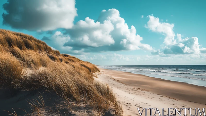 Coastal dunes and turquoise sky in high-contrast daylight seascape.