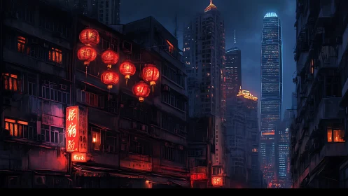 Neon lantern alley under futuristic city skyline at night.