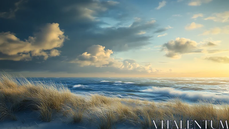 Storm clouds meet golden sunrise over windswept coastal dunes