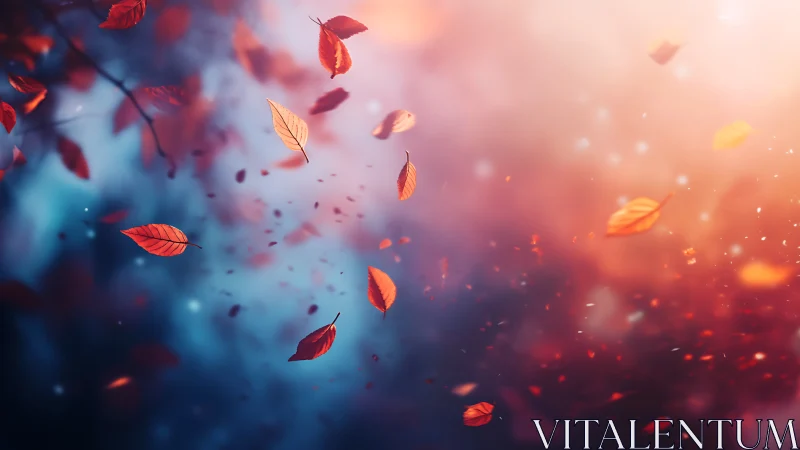 Falling autumn leaves over soft blue and orange background.
