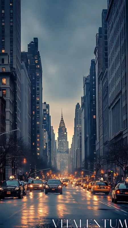 Photorealistic dusk city avenue with axial skyscraper focus.