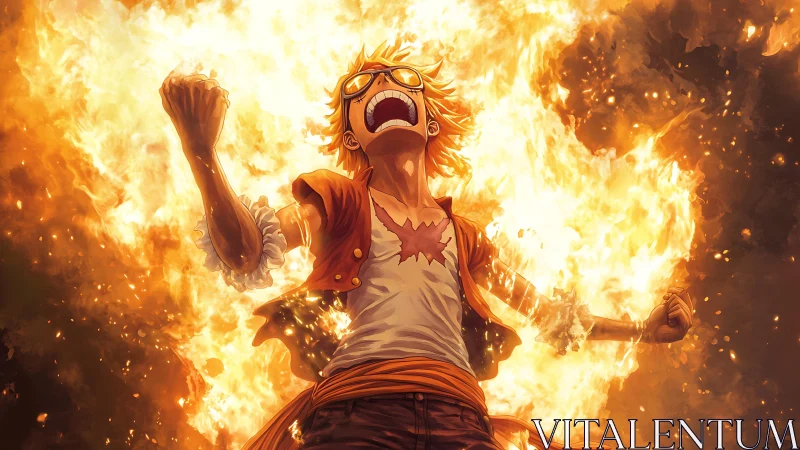 Flame-clad rebel screams triumph into a roaring inferno sky