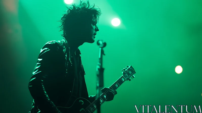 Rock guitarist silhouette under vivid green stage lights.