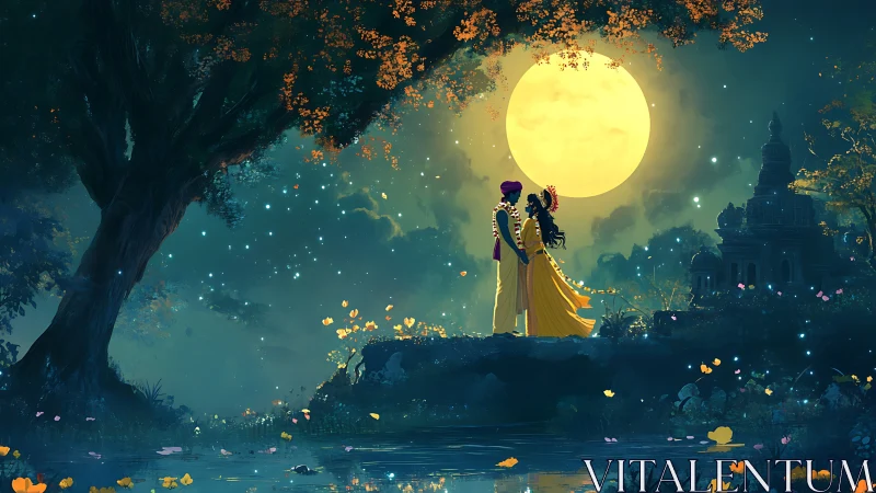 Moonlit Embrace: Romantic Silhouette Under Golden Light.