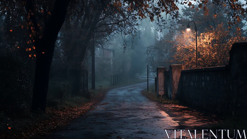 Foggy autumn lane curves past stone wall under lone lamppost