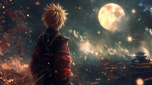 Moonlit young warrior quietly surveys a glowing fantasy city