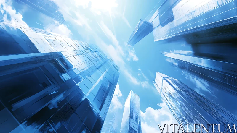 Modern skyscrapers frame brilliant sky through wide-angle perspective composition.