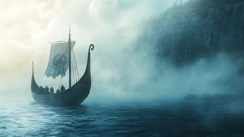 Viking longship in mist near coastal cliffs at sunrise.