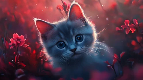 Blue Kitten Surrounded by Red Flowers in Soft-Focus Garden