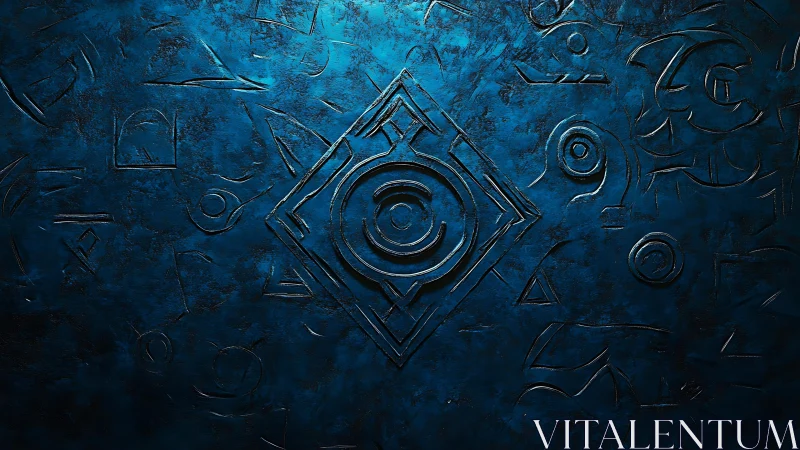 Mysterious Blue Engraved Symbol on Textured Stone Background.