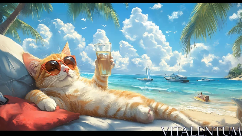 Orange Cat Lounging on Tropical Beach with Cocktail