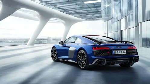 Blue Audi R8 sports car in modern glass architecture setting.