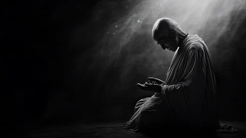 Contemplative monk in chiaroscuro light with sculpted drapery.