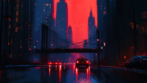 Neon-lit bridge approach in rain-soaked cyberpunk megacity dusk