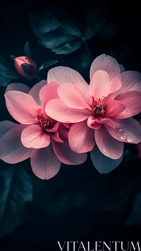 Pink Orchids Blooming Against Dark Teal Foliage