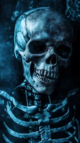 Eerie blue skeleton stands in shadowy, atmospheric darkness