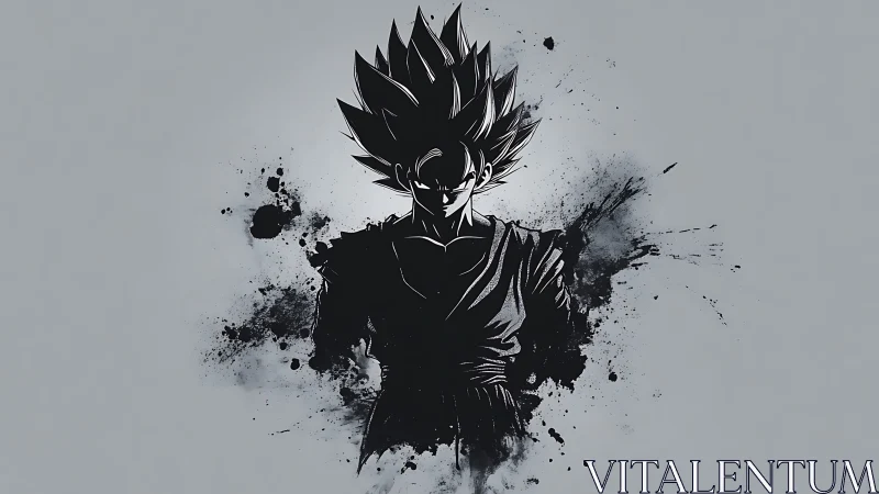 High-contrast ink-splatter silhouette of spiked-hair fighter.