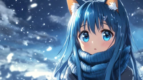 Snowy night wraps a blue haired fox girl in gentle wonder