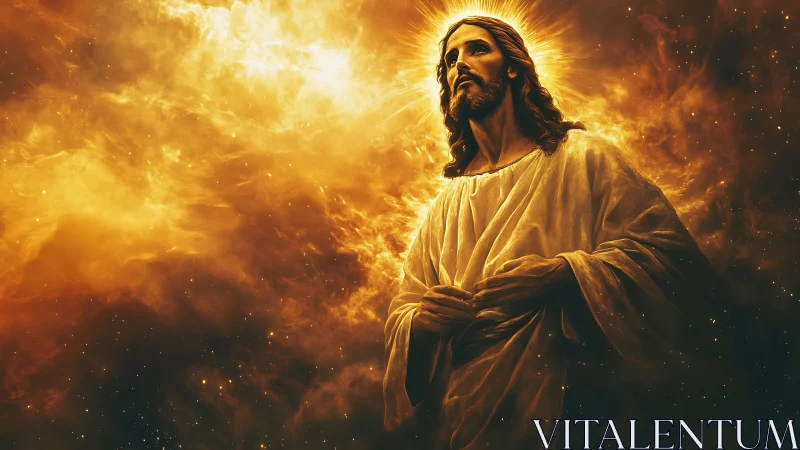 Figure in radiant robes amid luminous golden nebula field.