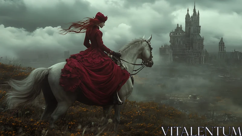 Scarlet rider on ghost-lit plains rides toward stormborn castle