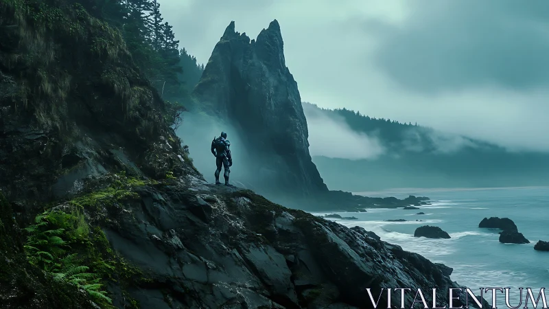 Armored wanderer surveys misty cliffs above cold sea.