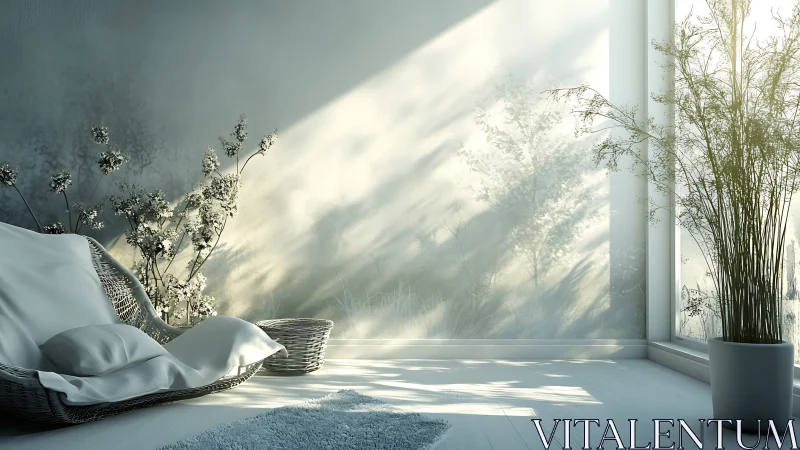 Sunlit minimalist lounge corner with wicker chair and plants