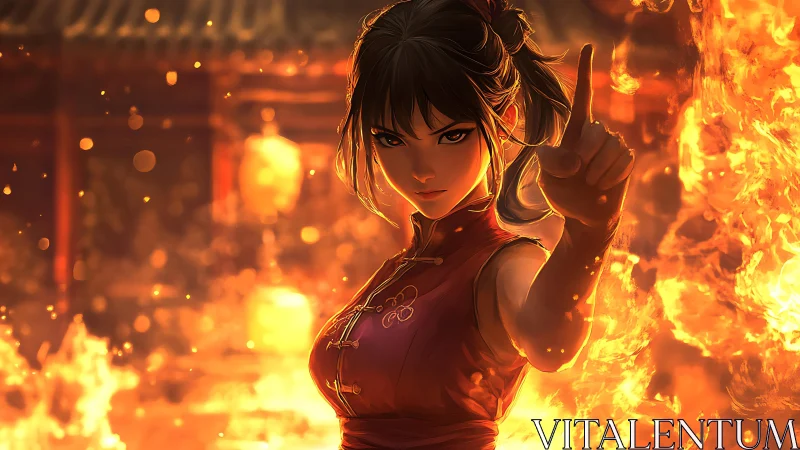 Fiery martial artist stands in blazing courtyard inferno.