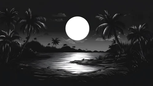 Nocturnal riverside landscape with celestial moon and tropical vegetation.