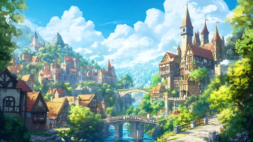 Fantasy riverside kingdom with bridges and hillside town.