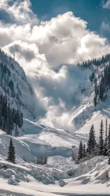Snowy mountain avalanche frozen in a dramatic winter hush.
