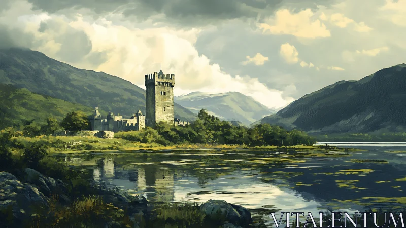 Romantic castle landscape with reflective lake composition.